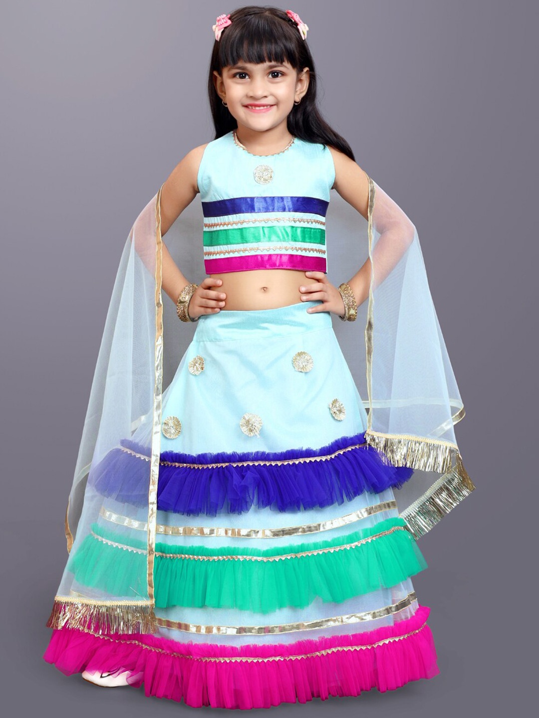 

BAESD Girls Striped Gotta Patti Ready to Wear Lehenga & Blouse With Dupatta, Sea green