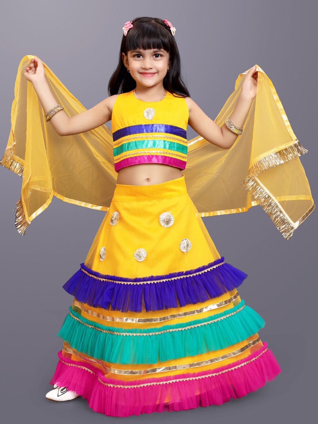 

BAESD Girls Striped Gotta Patti Ready to Wear Lehenga & Blouse With Dupatta, Yellow