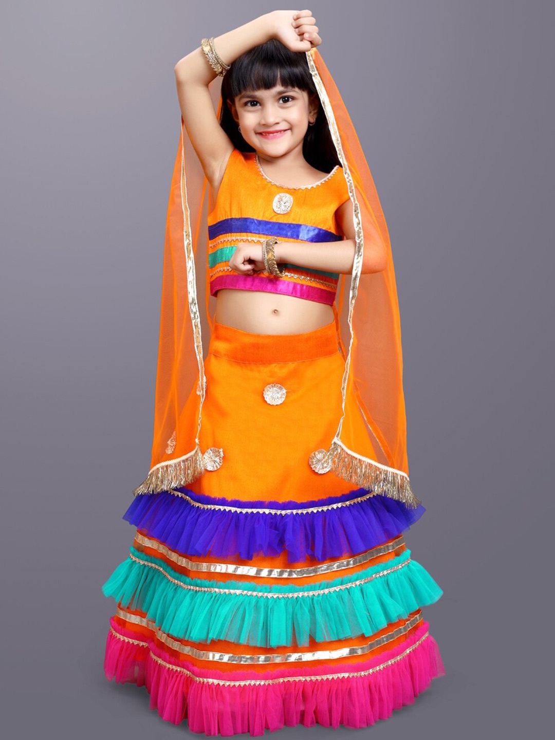 

BAESD Girls Striped Gotta Patti Ready to Wear Lehenga & Blouse With Dupatta, Orange