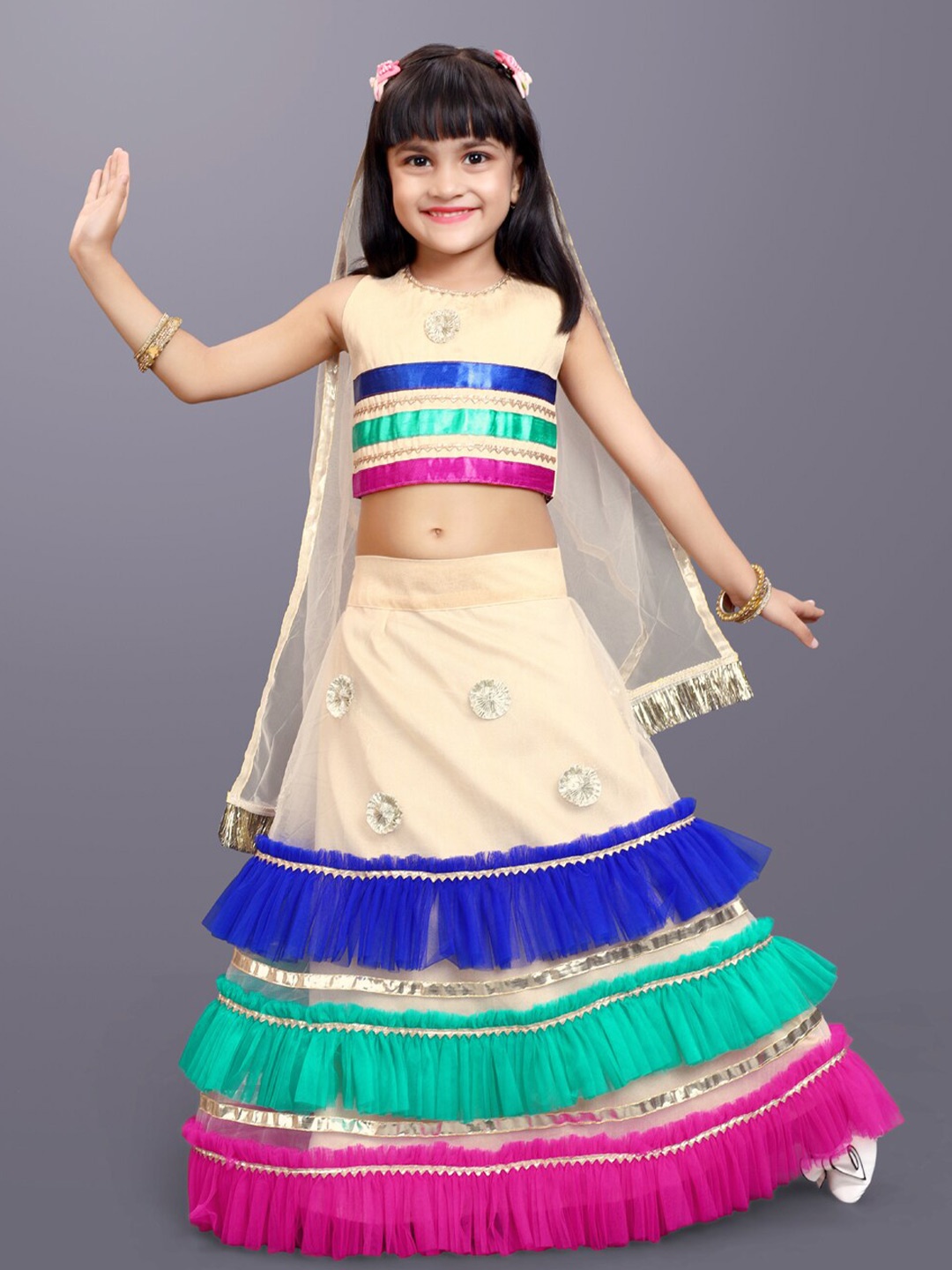 

BAESD Girls Striped Gotta Patti Ready to Wear Lehenga & Blouse With Dupatta, Beige