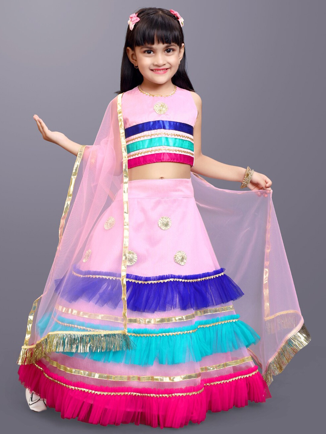 

BAESD Girls Striped Gotta Patti Ready to Wear Lehenga & Blouse With Dupatta, Pink