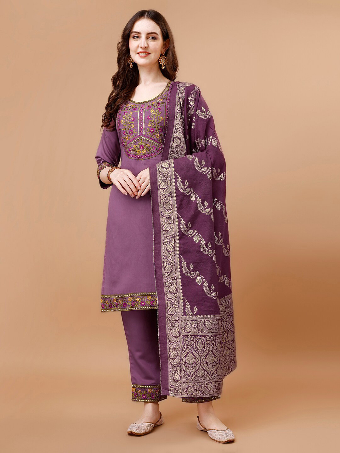 

KALINI Ethnic Motifs Embroidered Regular Kurta with Trousers & With Dupatta, Purple