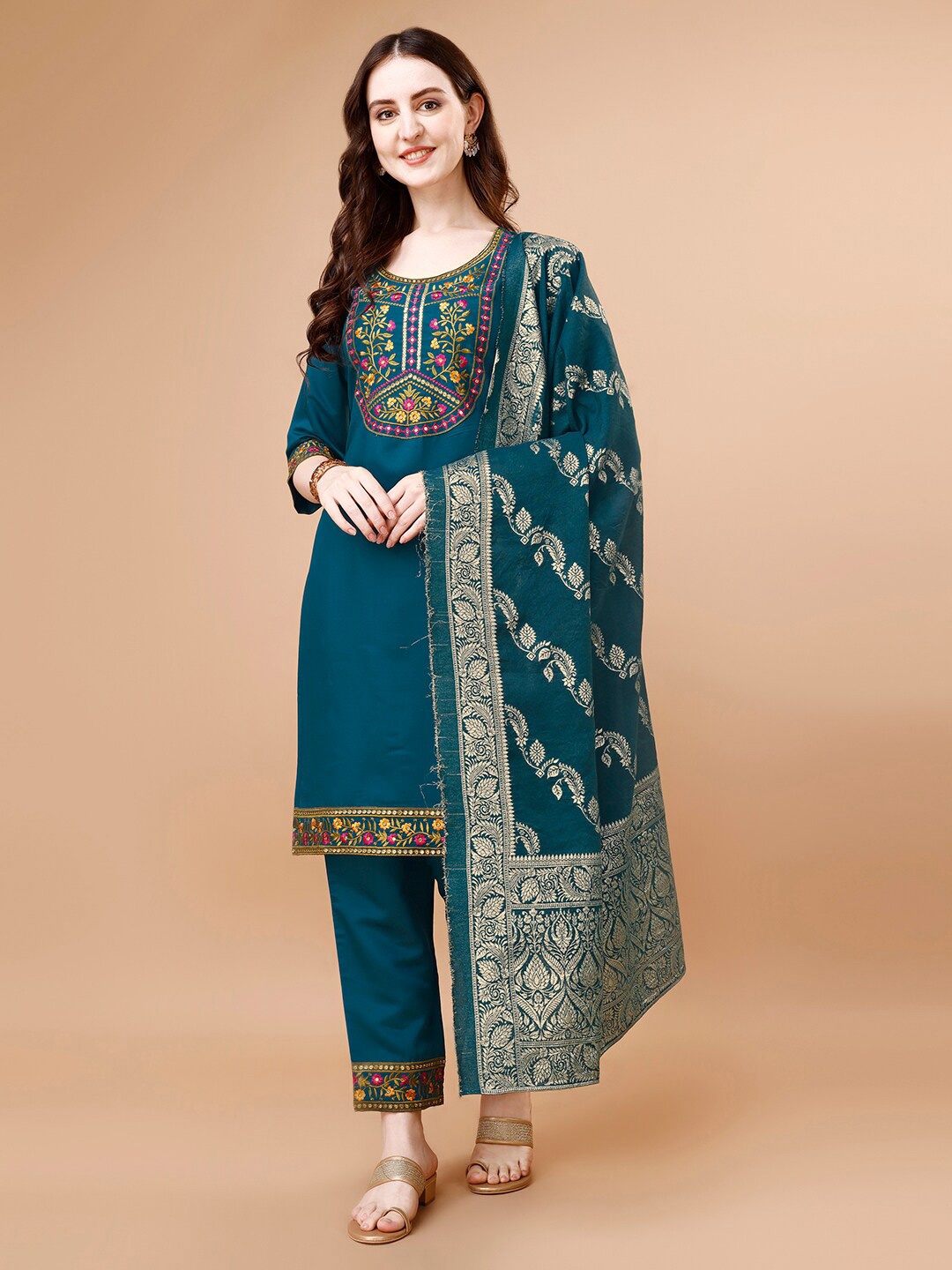 

KALINI Ethnic Motifs Embroidered Regular Kurta with Palazzos & With Dupatta, Blue