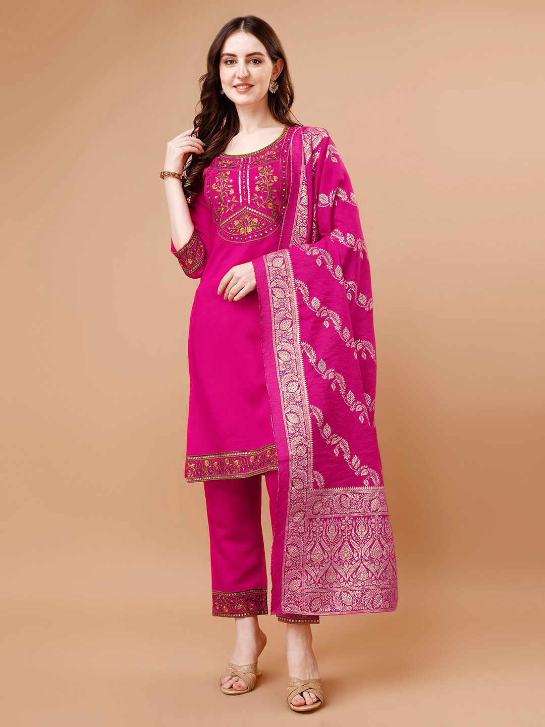 

KALINI Ethnic Motifs Yoke Design Regular Kurta with Trousers & With Dupatta, Pink