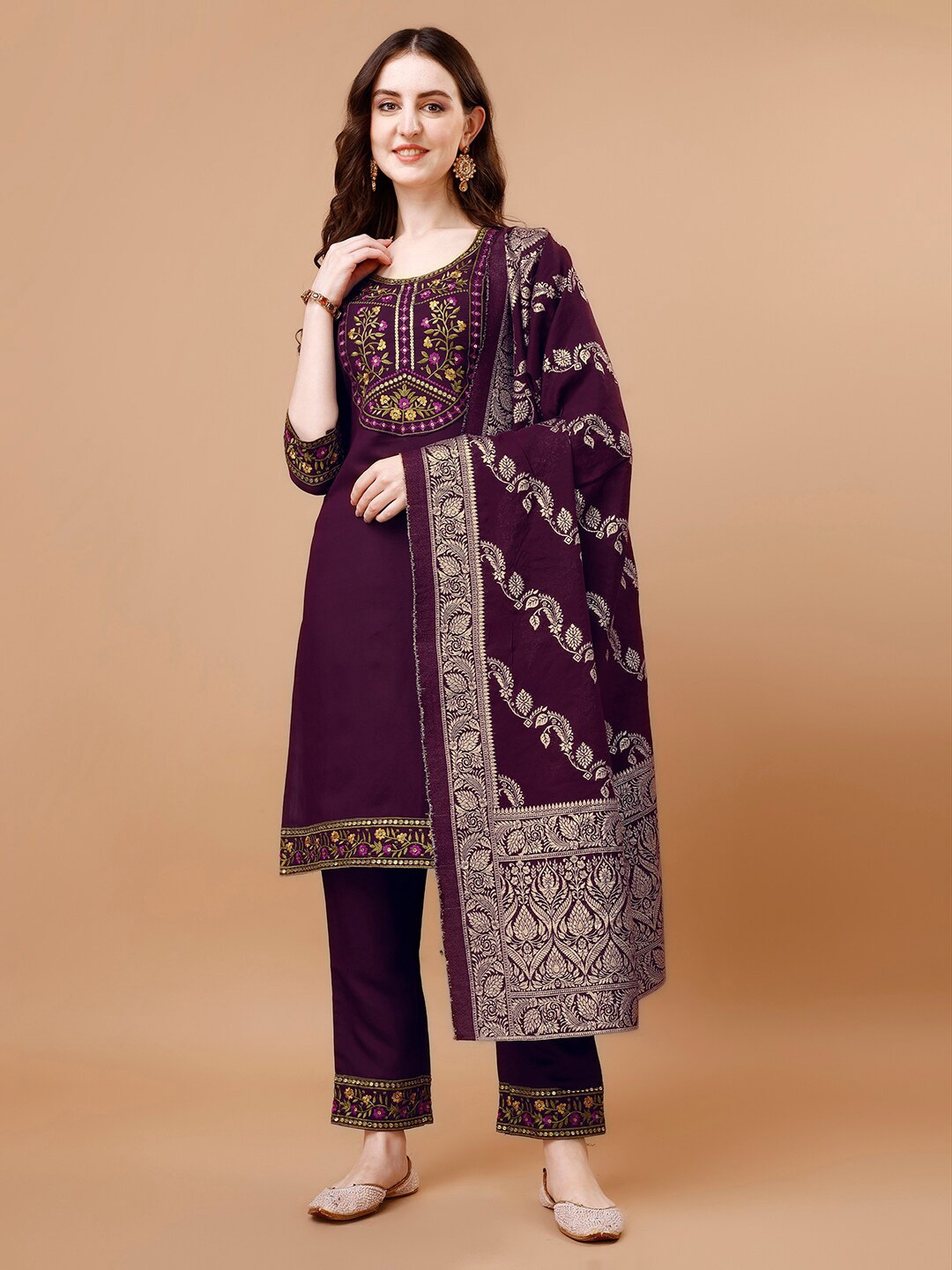 

KALINI Ethnic Motifs Embroidered Regular Round Neck Kurta with Trousers & With Dupatta, Purple