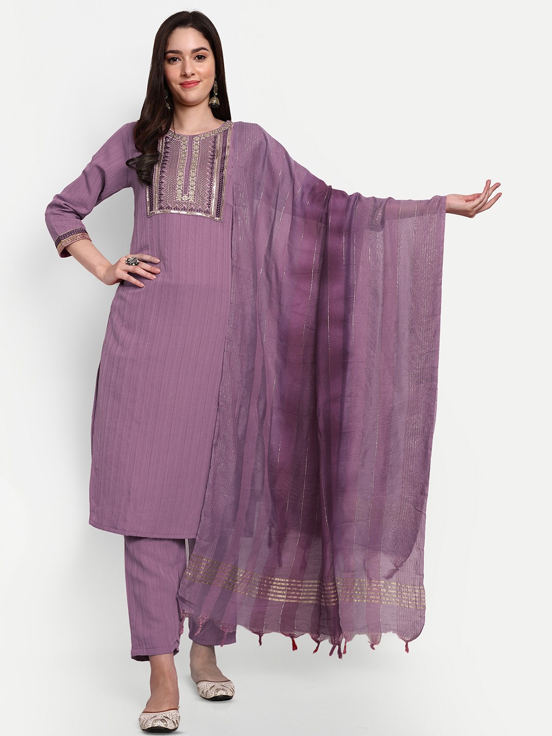 

J.KANJI Ethnic Motifs Yoke Design Regular Thread Work Kurta With Trousers & Dupatta, Mauve