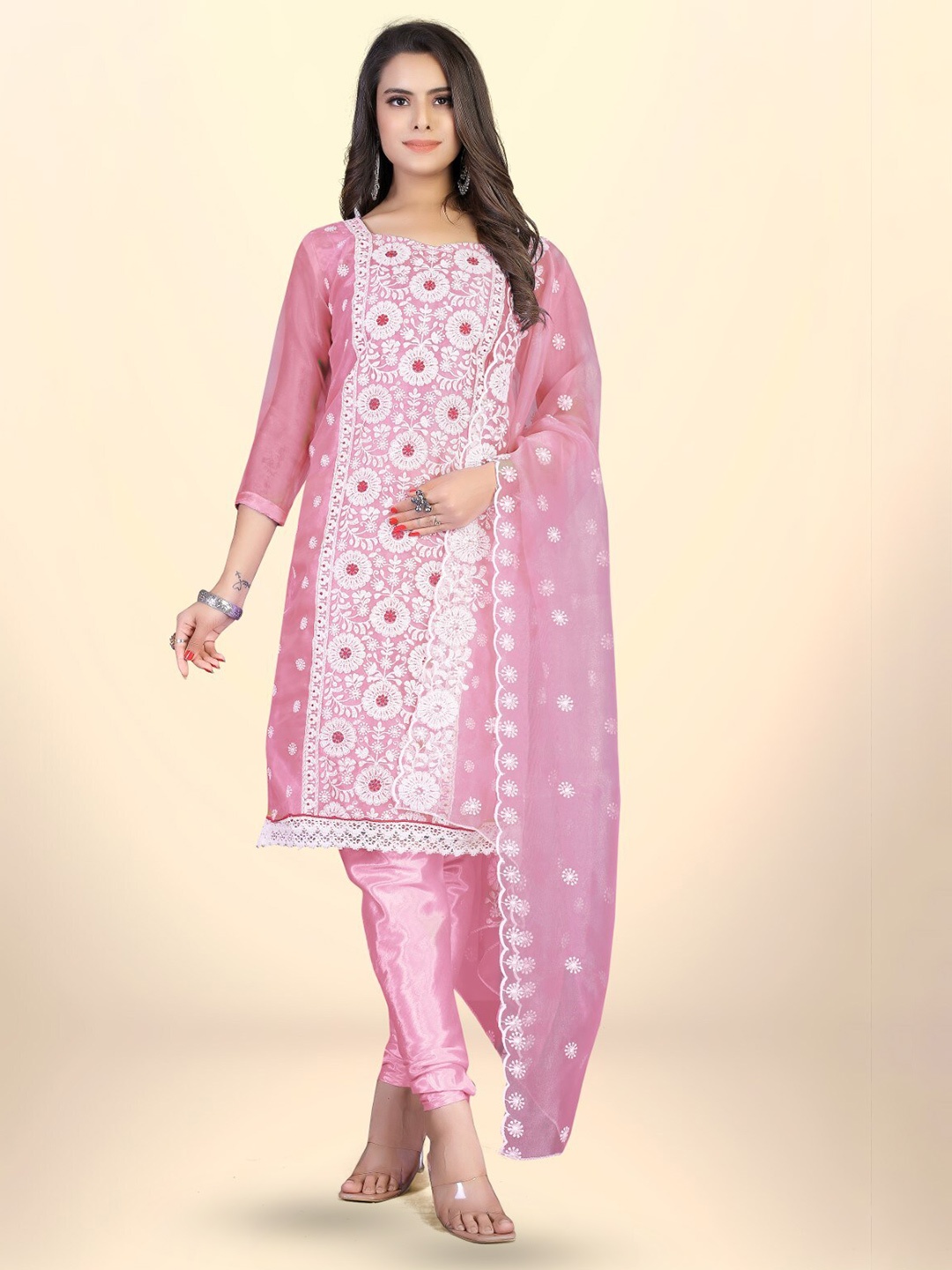 

ZEEPKART Ethnic Motifs Embroidered Organza Unstitched Dress Material, Pink