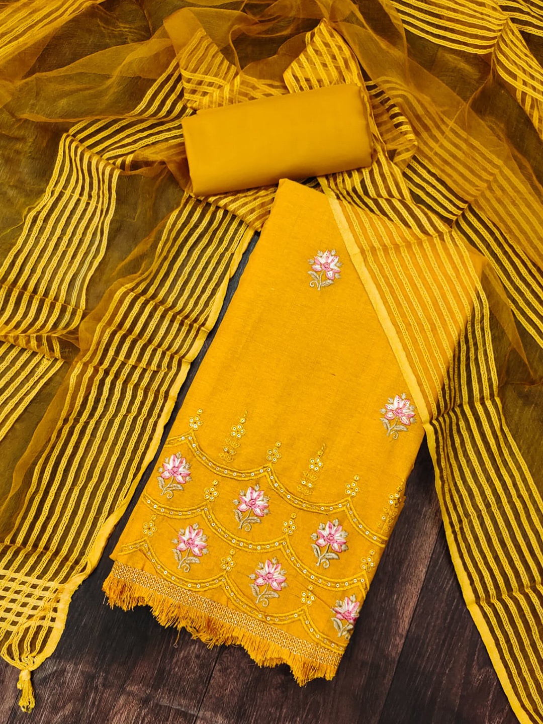 

ZEEPKART Floral Embroidered Unstitched Dress Material, Mustard