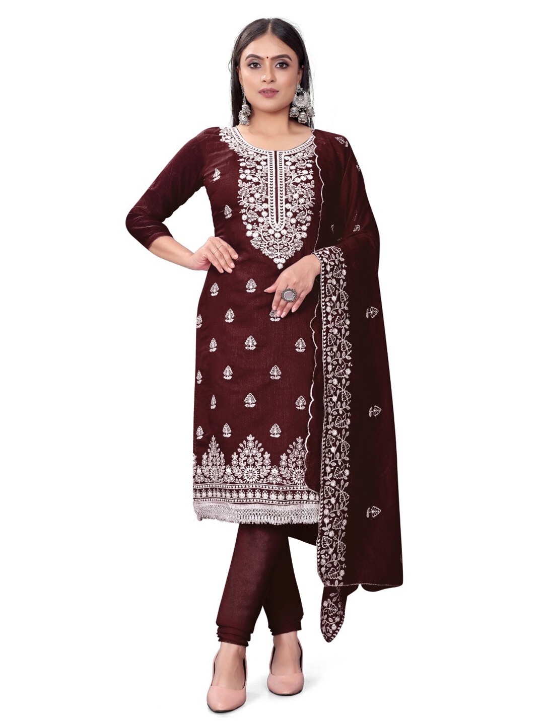 

ZEEPKART Ethnic Motifs Embroidered Thread Work Detailed Unstitched Dress Material, Maroon