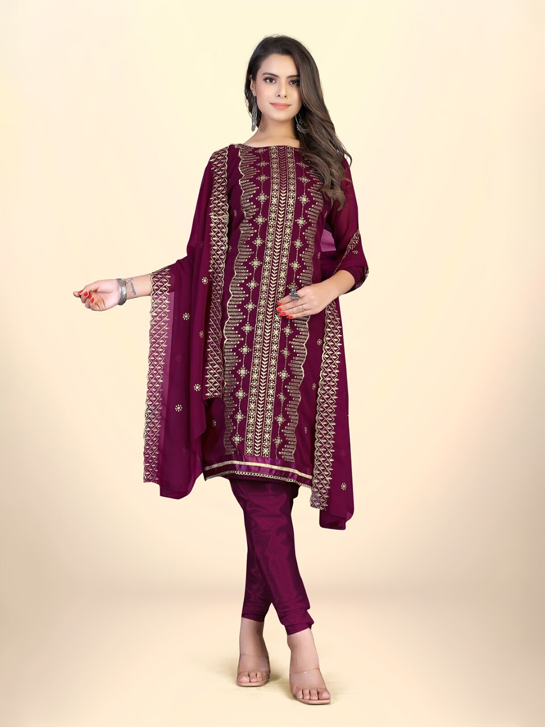 

ZEEPKART Ethnic Motifs Embroidered Thread Work Unstitched Dress Material, Maroon