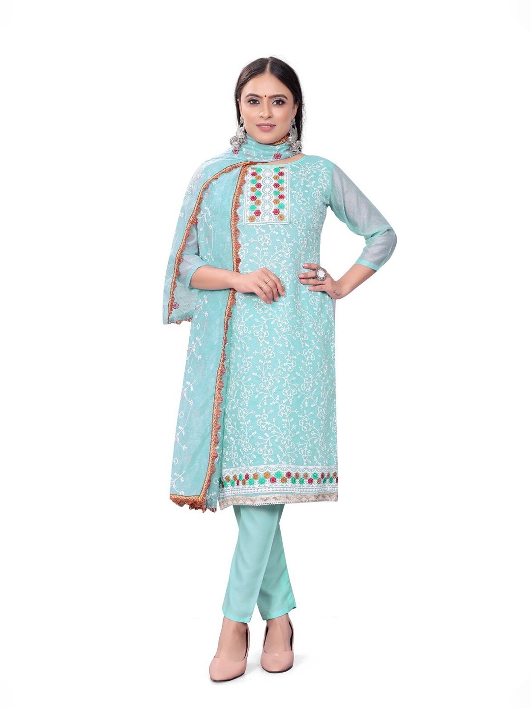 

ZEEPKART Ethnic Motifs Embroidered Thread Work Unstitched Dress Material, Blue