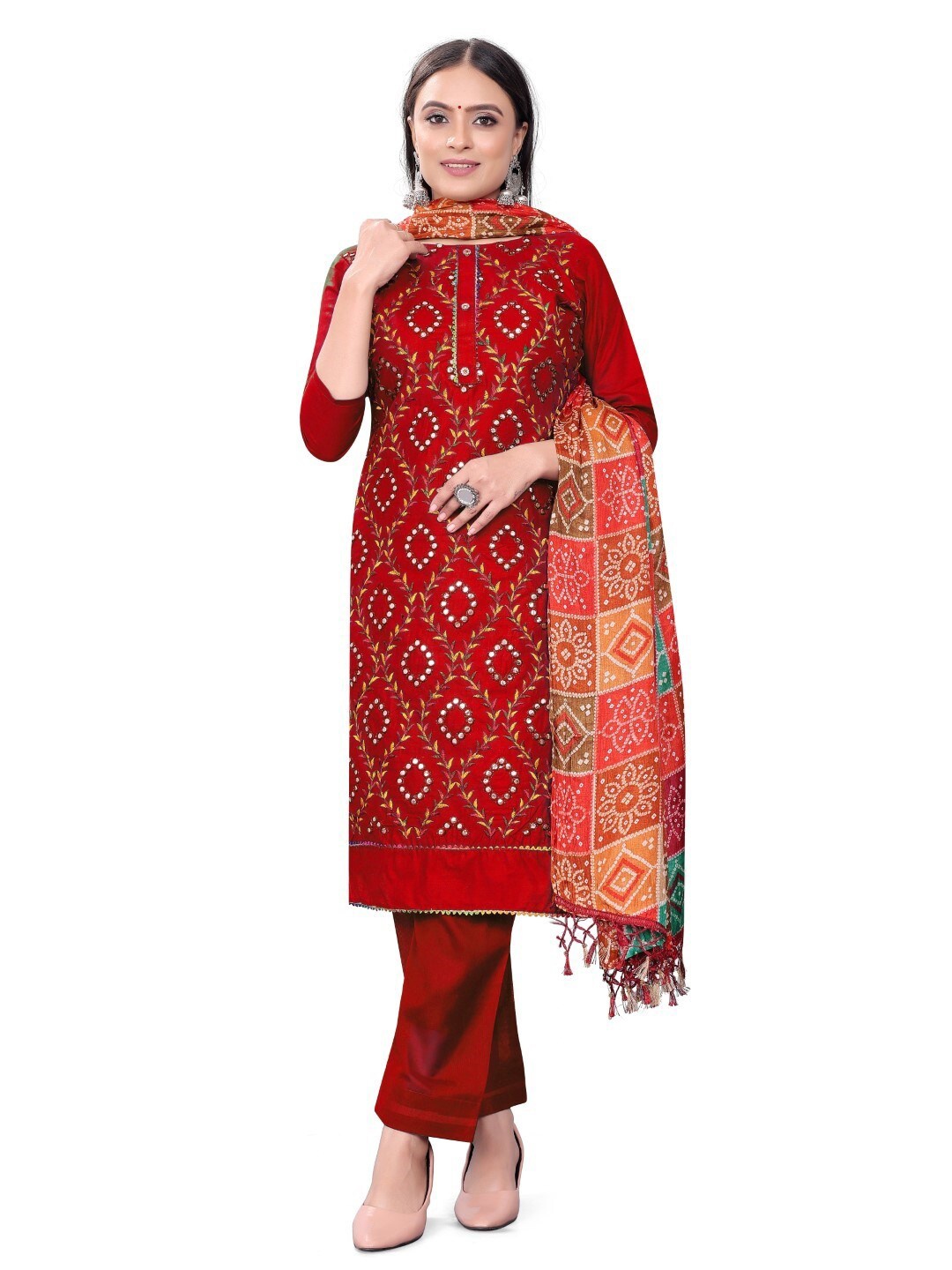 

ZEEPKART Embroidered Unstitched Dress Material, Red