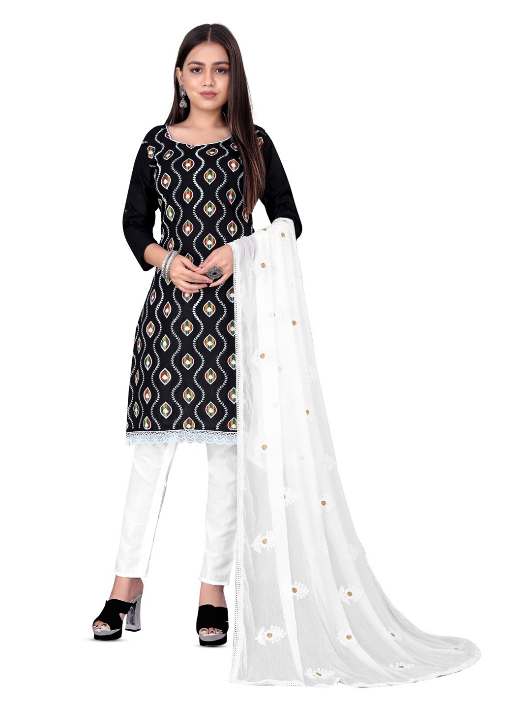 

ZEEPKART Ethnic Motifs Embroidered Unstitched Dress Material, Black