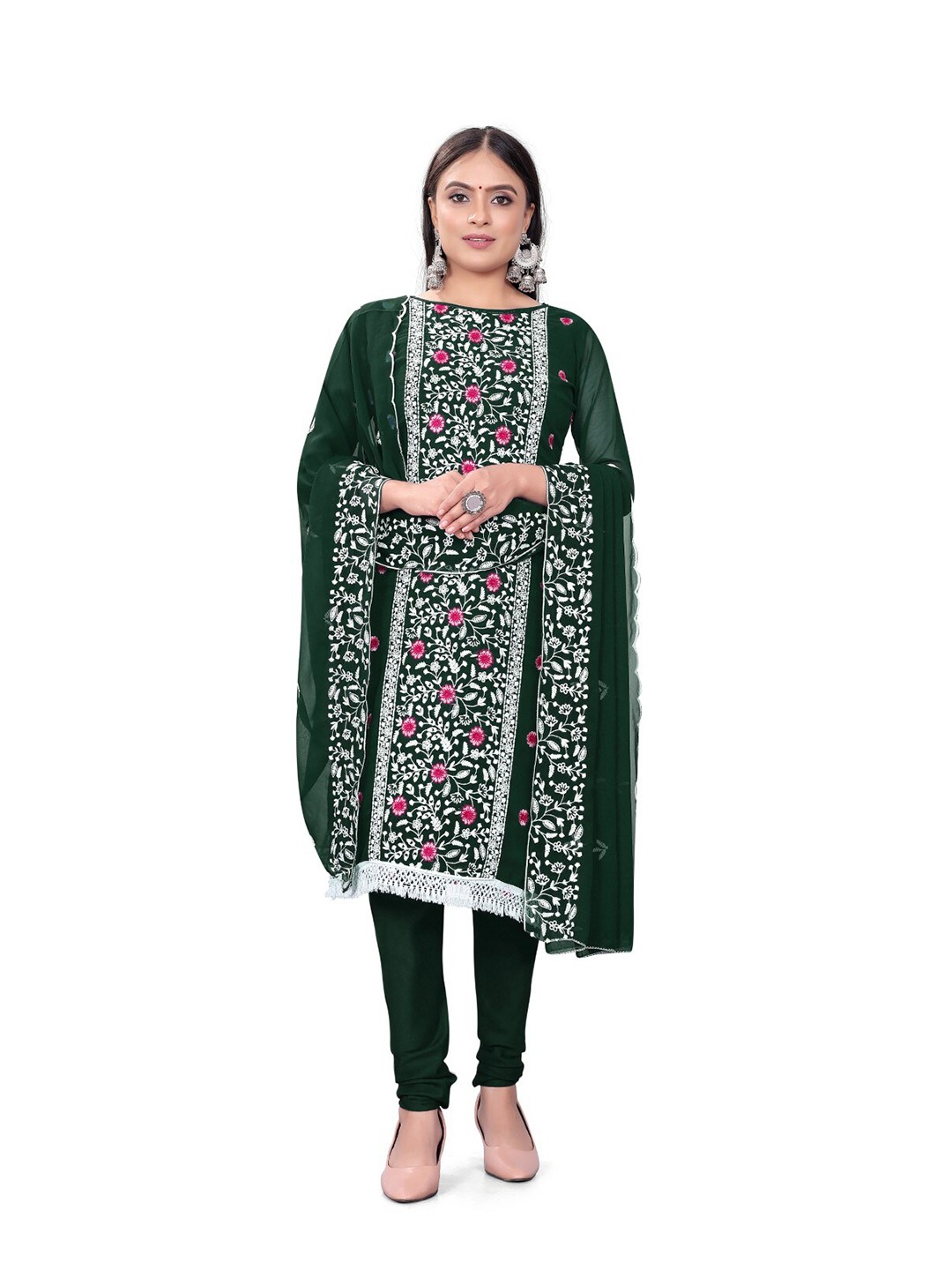 

ZEEPKART Floral Embroidered Unstitched Dress Material, Green