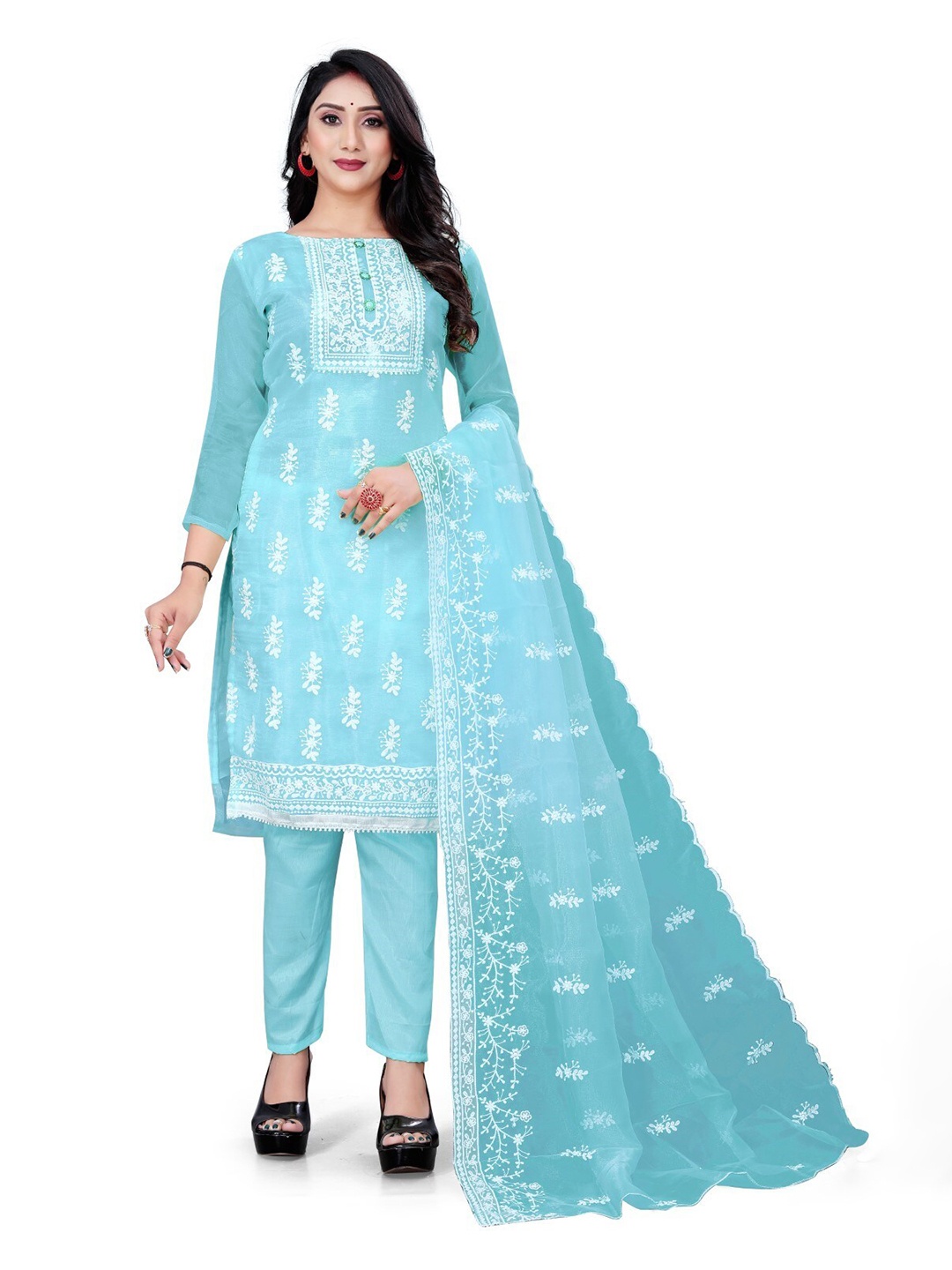 

ZEEPKART Embroidered Organza Unstitched Dress Material, Blue