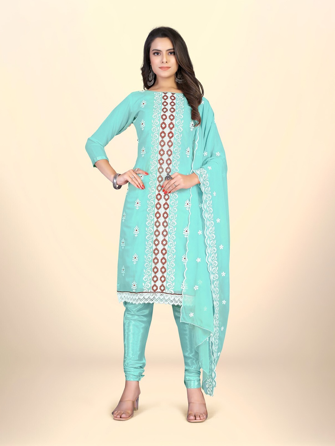

ZEEPKART Floral Embroidered Unstitched Dress Material, Blue