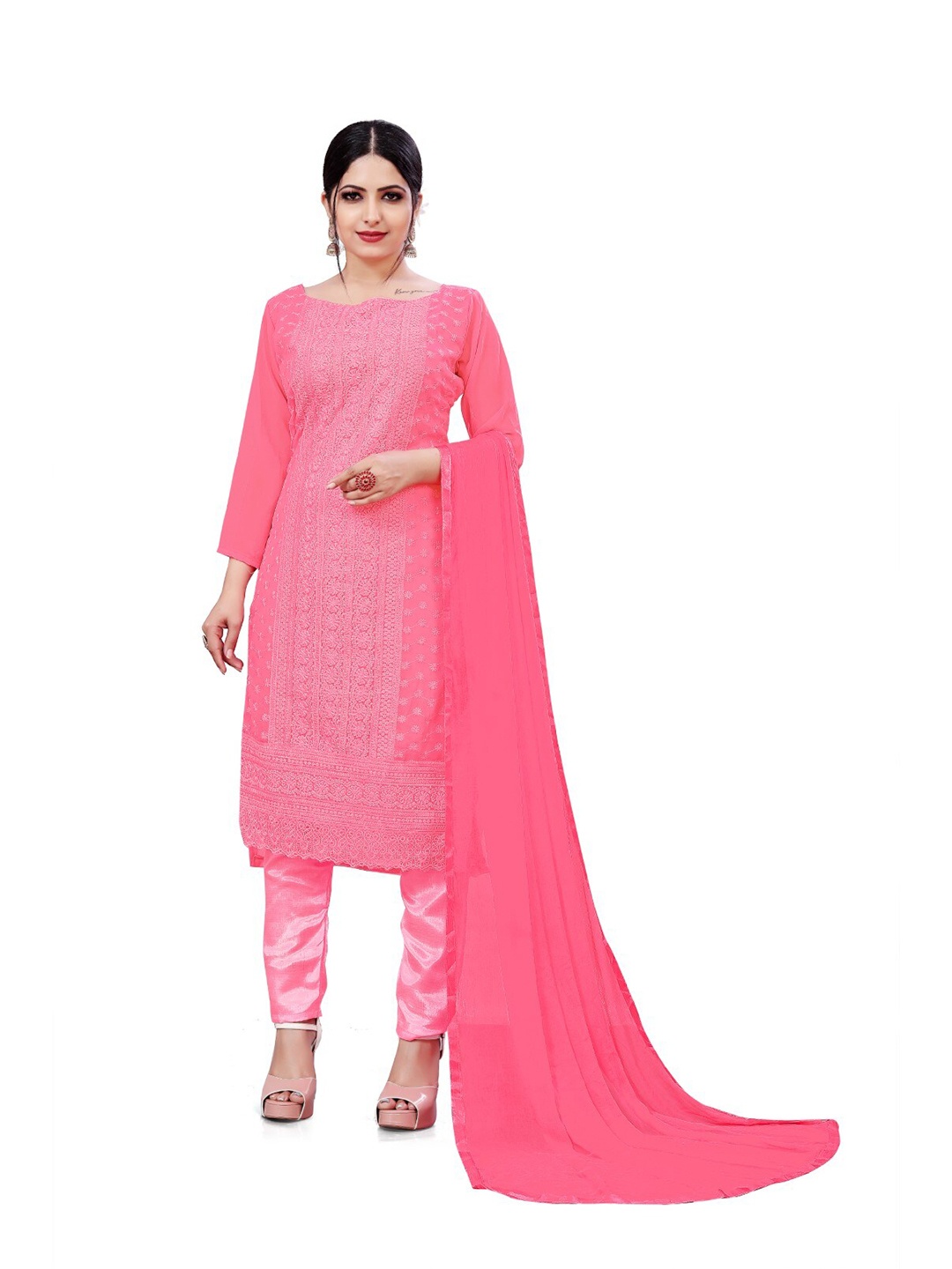 

ZEEPKART Floral Embroidered Unstitched Dress Material, Pink