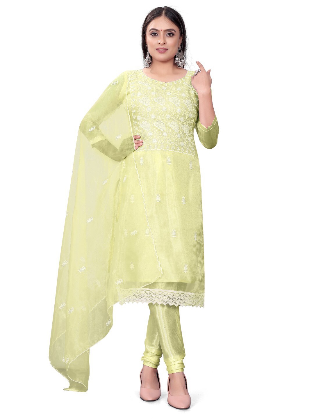 

ZEEPKART Floral Embroidered Organza Unstitched Dress Material, Yellow
