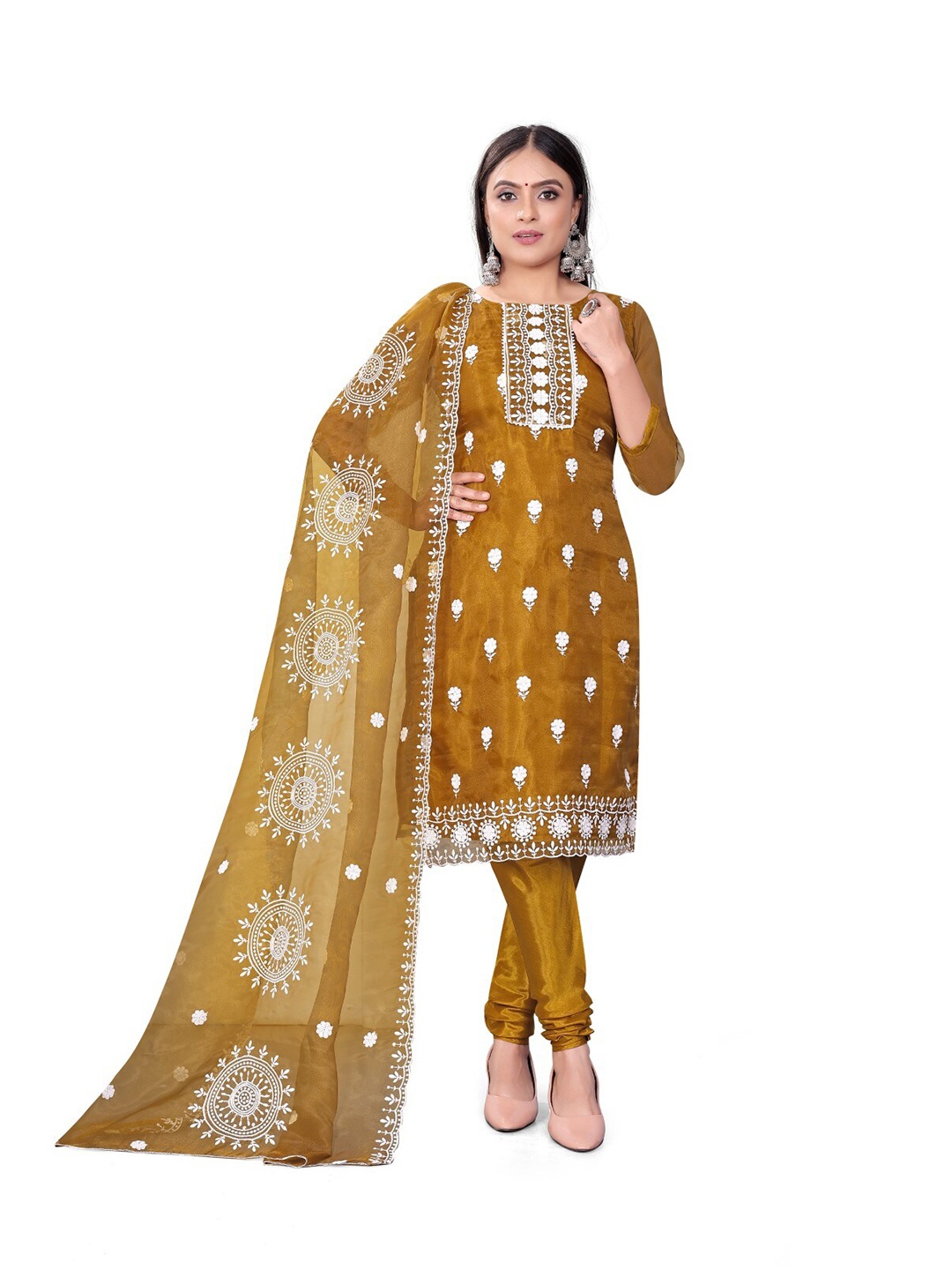 

ZEEPKART Floral Embroidered Organza Dress Material, Mustard