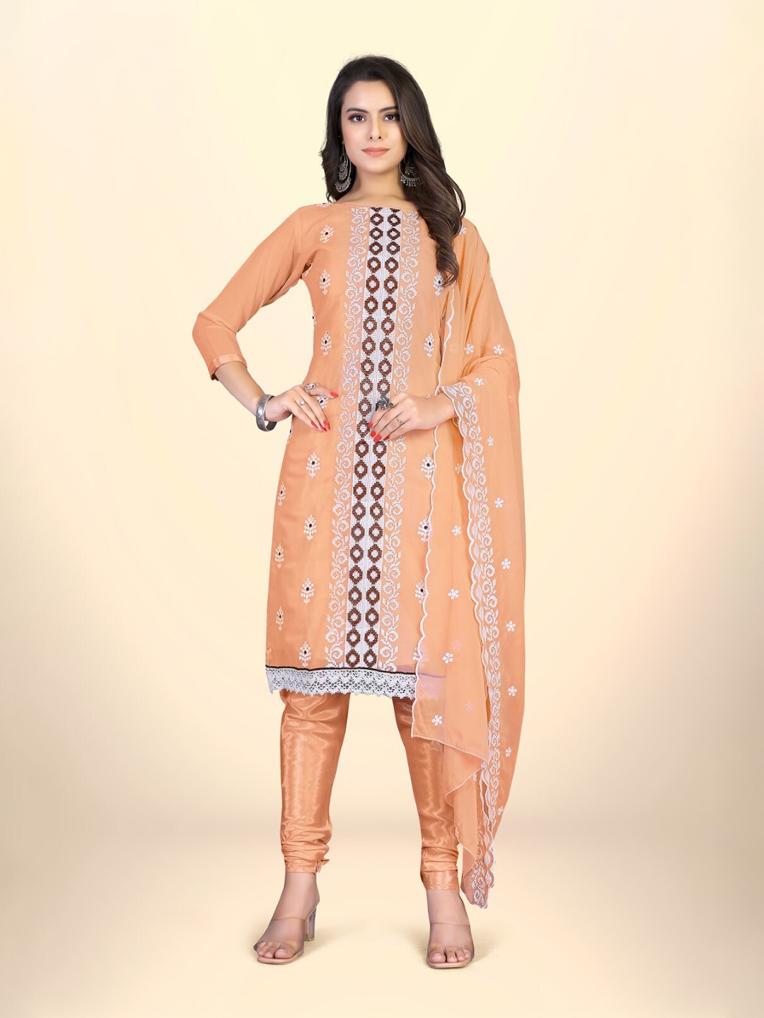 

ZEEPKART Geometric Woven Design Unstitched Dress Material, Orange
