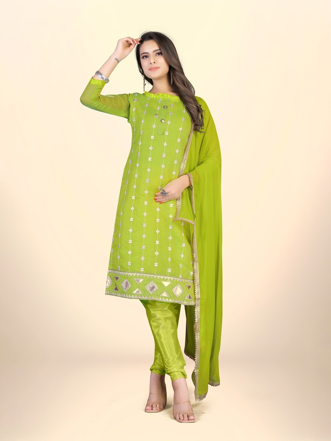 

ZEEPKART Ethnic Motifs Embroidered Mirror Work Unstitched Dress Material, Green