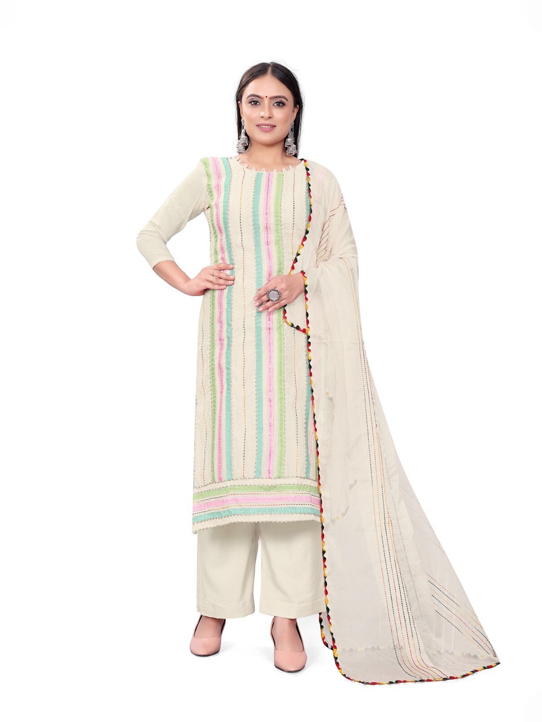 

ZEEPKART Striped Gotta Patti Detailed Detailed Unstitched Dress Material, White