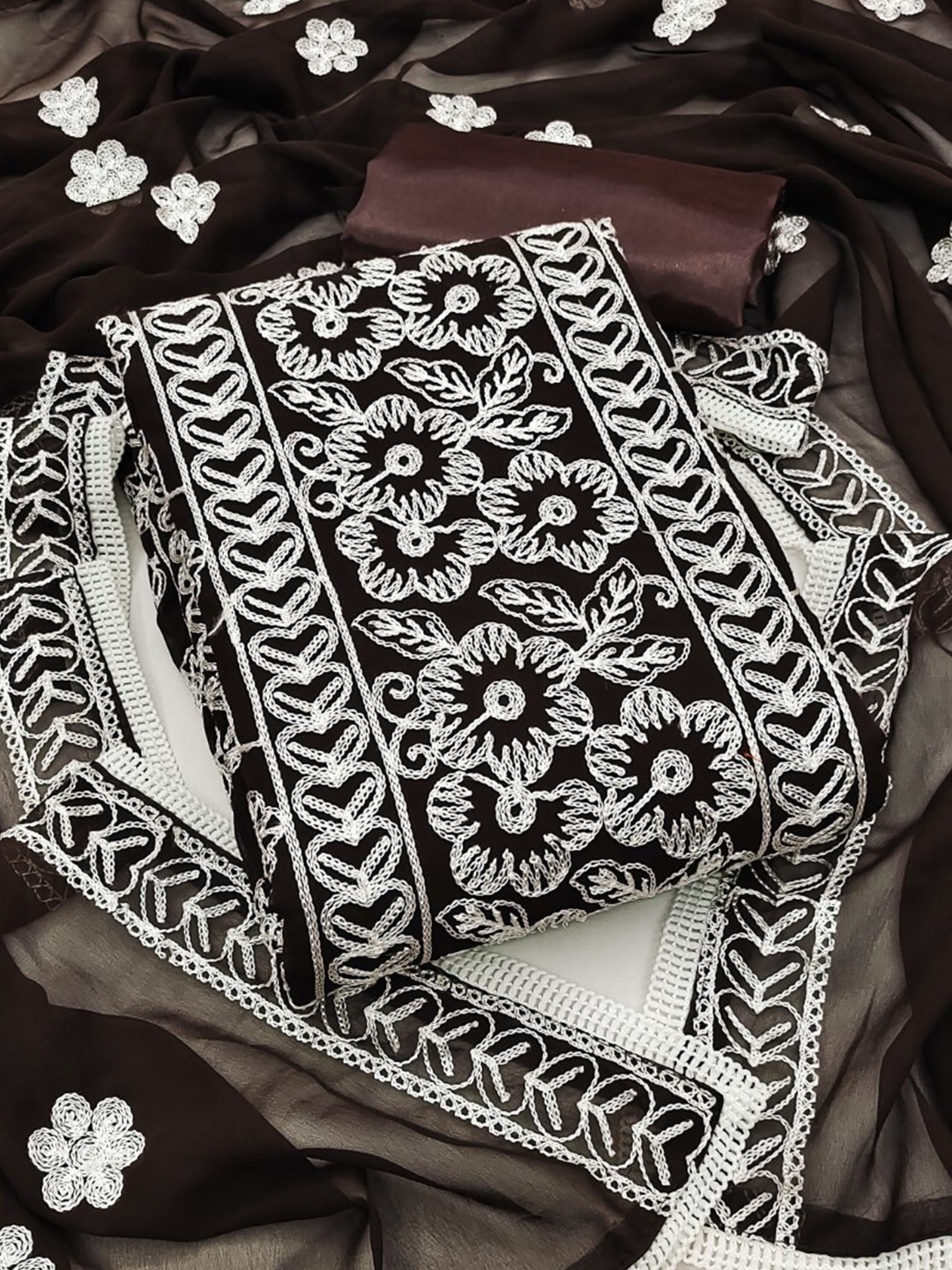 

ZEEPKART Floral Embroidered Unstitched Dress Material, Brown