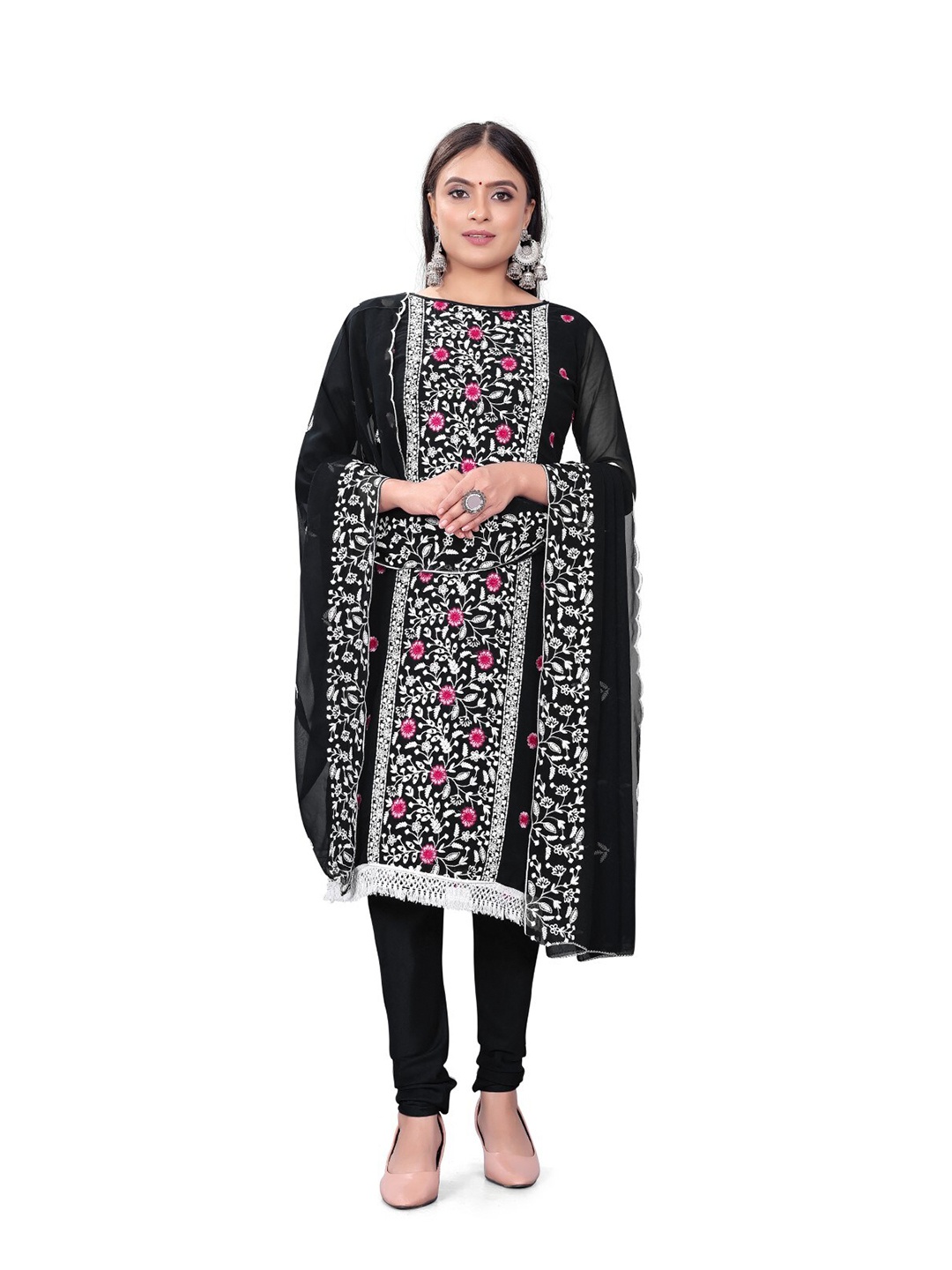 

ZEEPKART Floral Embroidered Unstitched Dress Material, Black