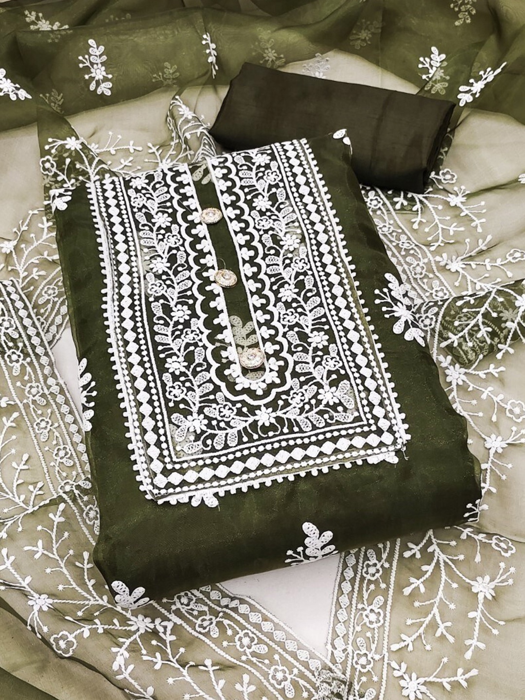 

ZEEPKART Ethnic Motifs Embroidered Thread Work Unstitched Dress Material, Green