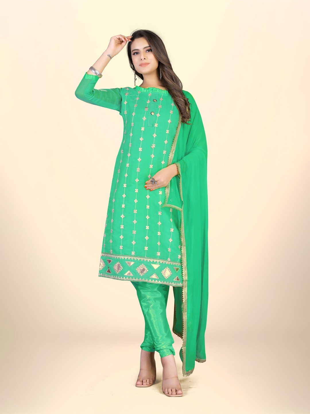 

ZEEPKART Ethnic Motifs Embroidered Unstitched Dress Material, Green