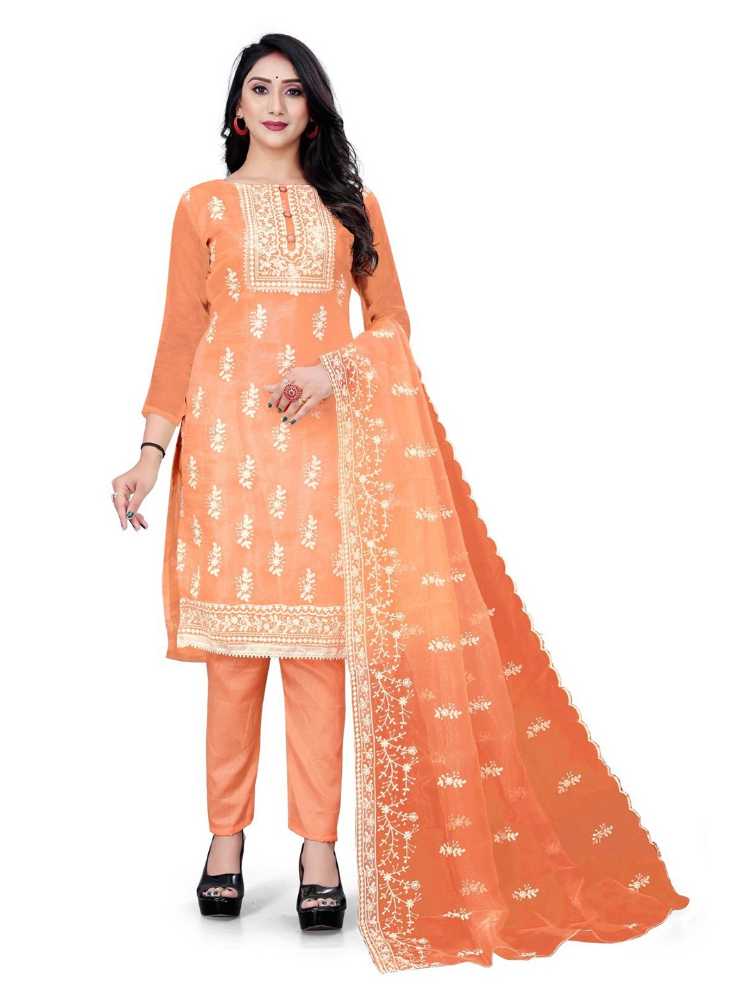 

ZEEPKART Ethnic Motifs Embroidered Organza Unstitched Dress Material, Orange
