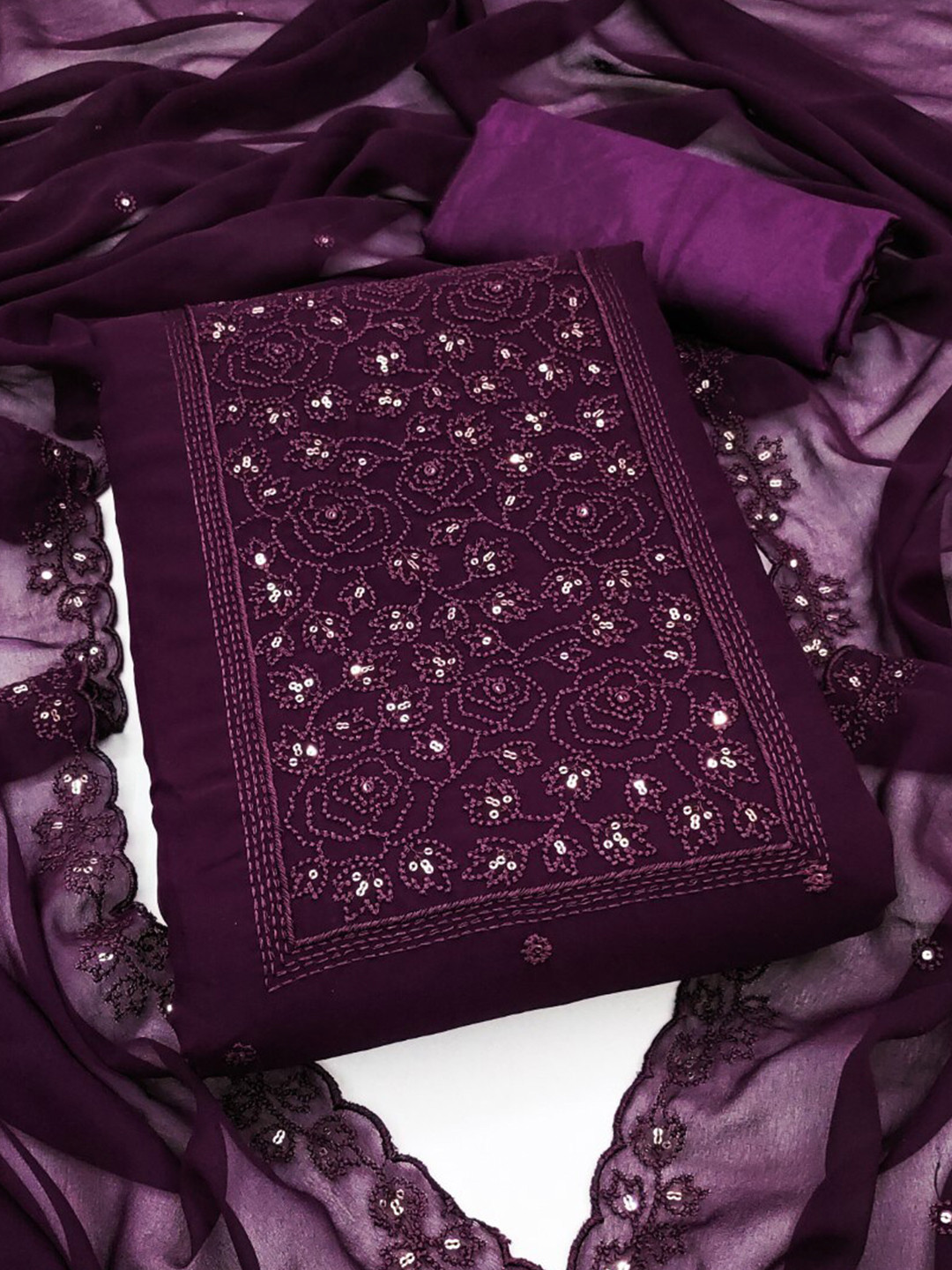 

ZEEPKART Ethnic Motifs Embroidered Sequinned Detailed Unstitched Dress Material, Purple