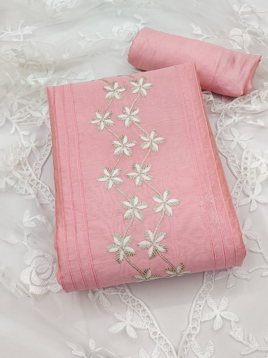 

ZEEPKART Floral Embroidered Unstitched Dress Material, Pink