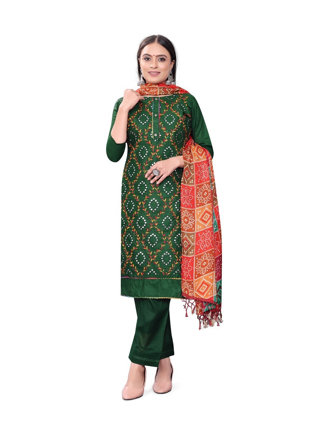 

ZEEPKART Embroidered Mirror Work Unstitched Dress Material, Green