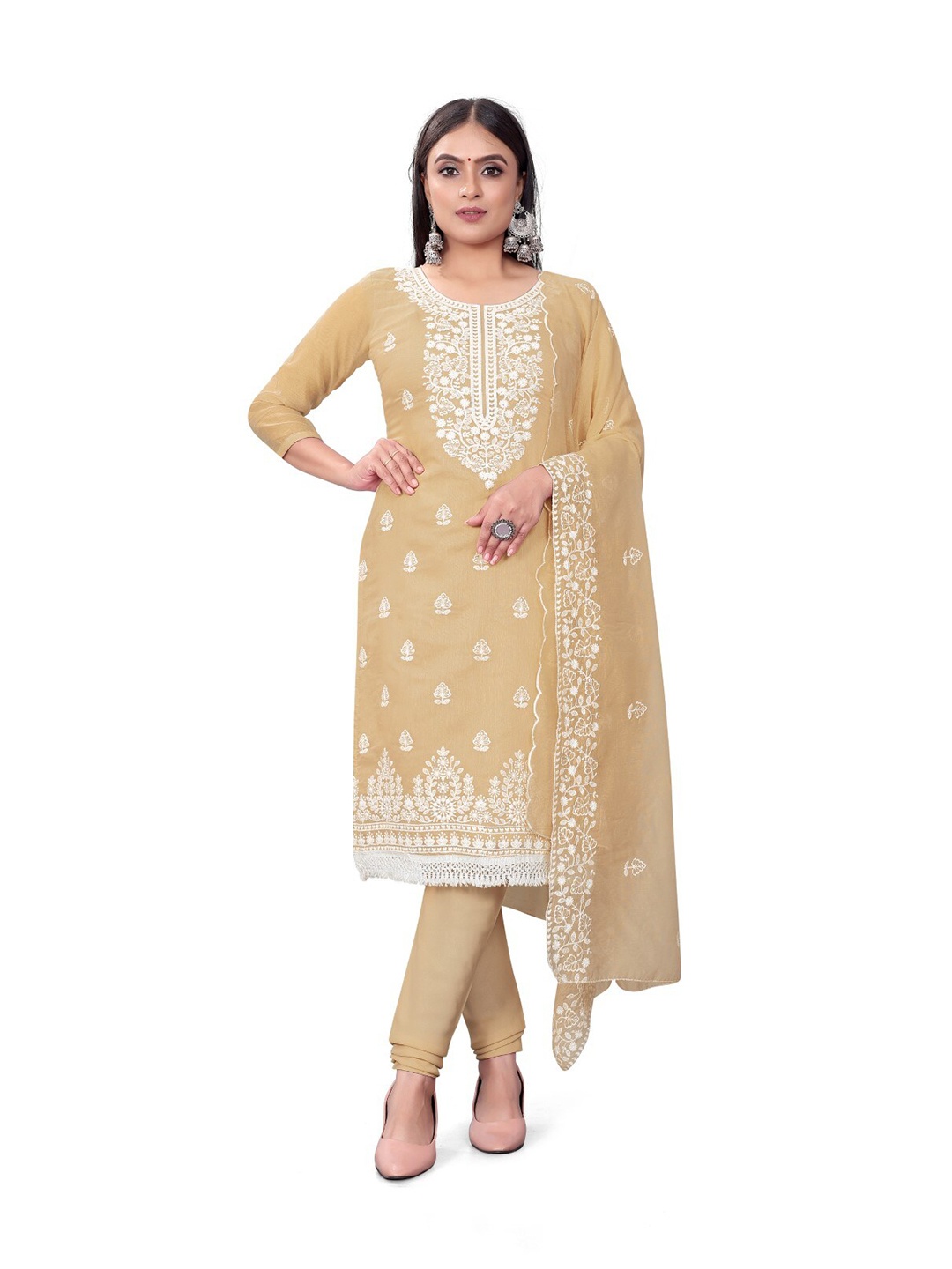 

ZEEPKART Floral Embroidered Dress Material, Mustard