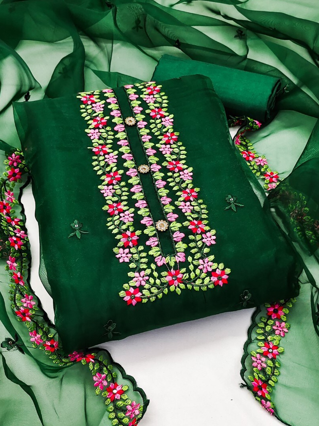 

ZEEPKART Floral Embroidered Sequinned Unstitched Dress Material, Green