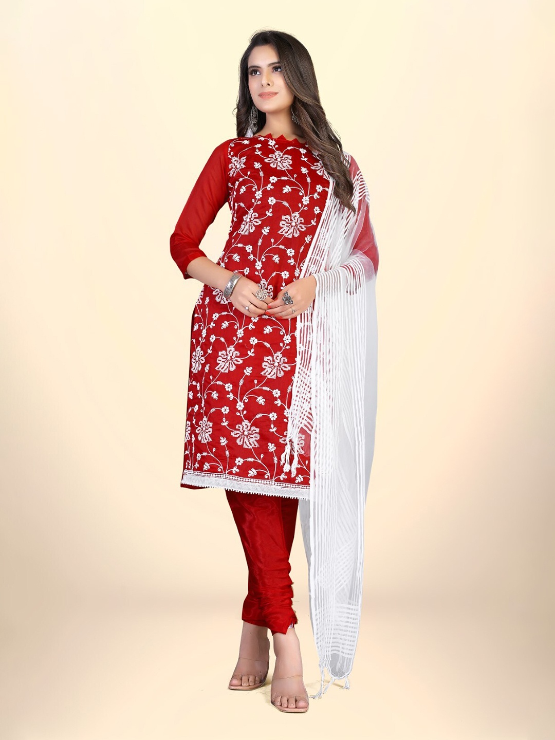 

ZEEPKART Floral Embroidered Dress Material, Red