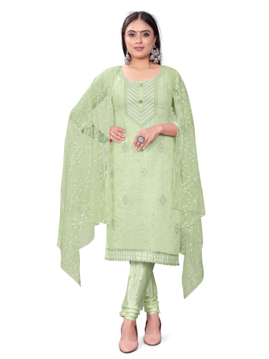 

ZEEPKART Floral Embroidered Unstitched Dress Material, Green
