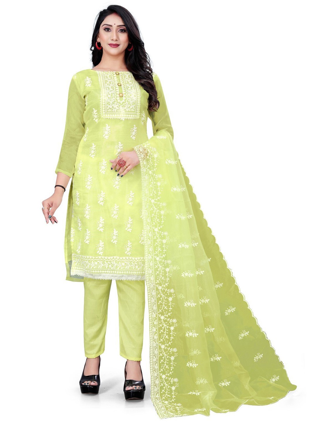 

ZEEPKART Ethnic Motifs Embroidered Thread Work Organza Unstitched Dress Material, Green
