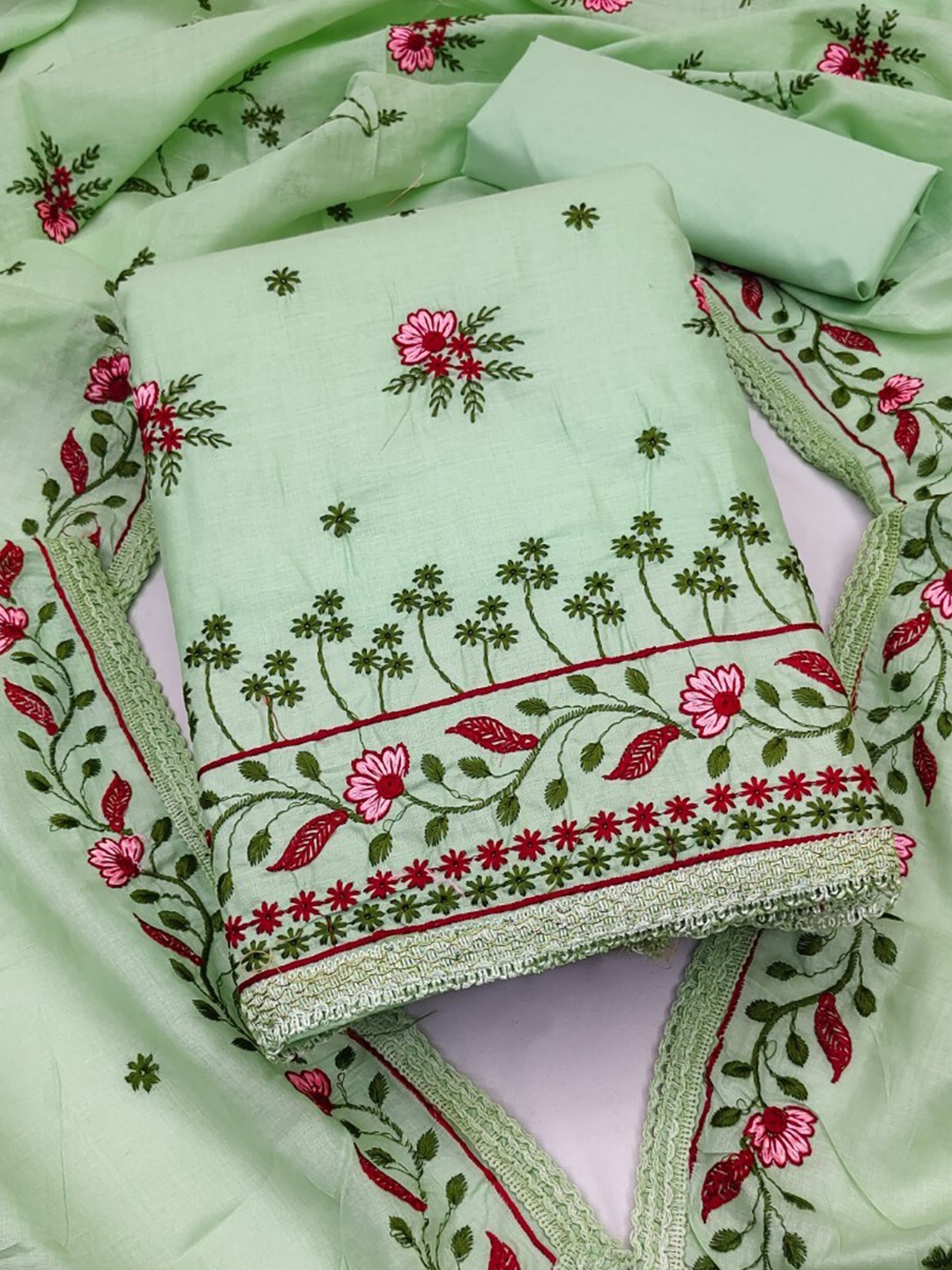 

ZEEPKART Ethnic Motifs Embroidered Thread Work Detailed Unstitched Dress Material, Green