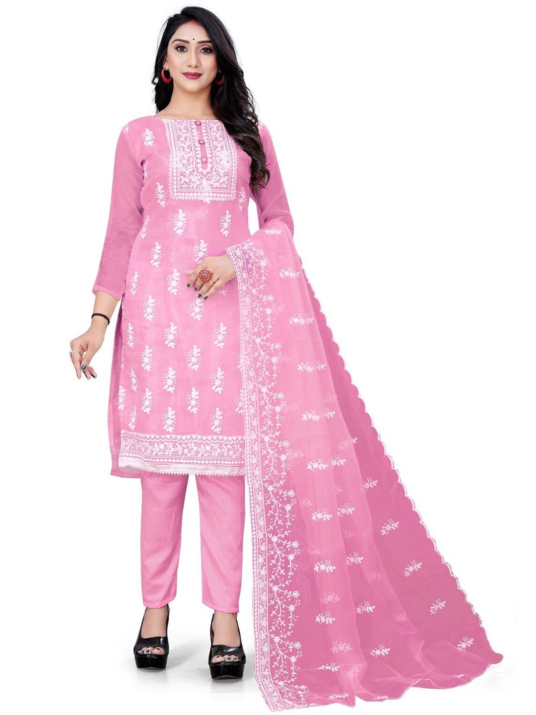 

ZEEPKART Floral Embroidered Organza Unstitched Dress Material, Pink