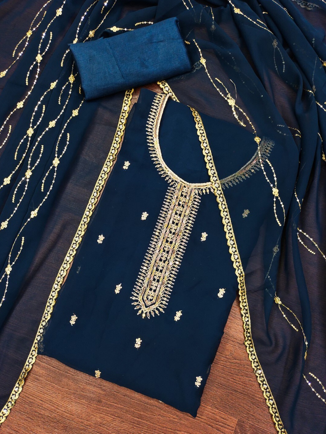 

ZEEPKART Ethnic Motifs Embroidered Sequined Unstitched Dress Material, Navy blue