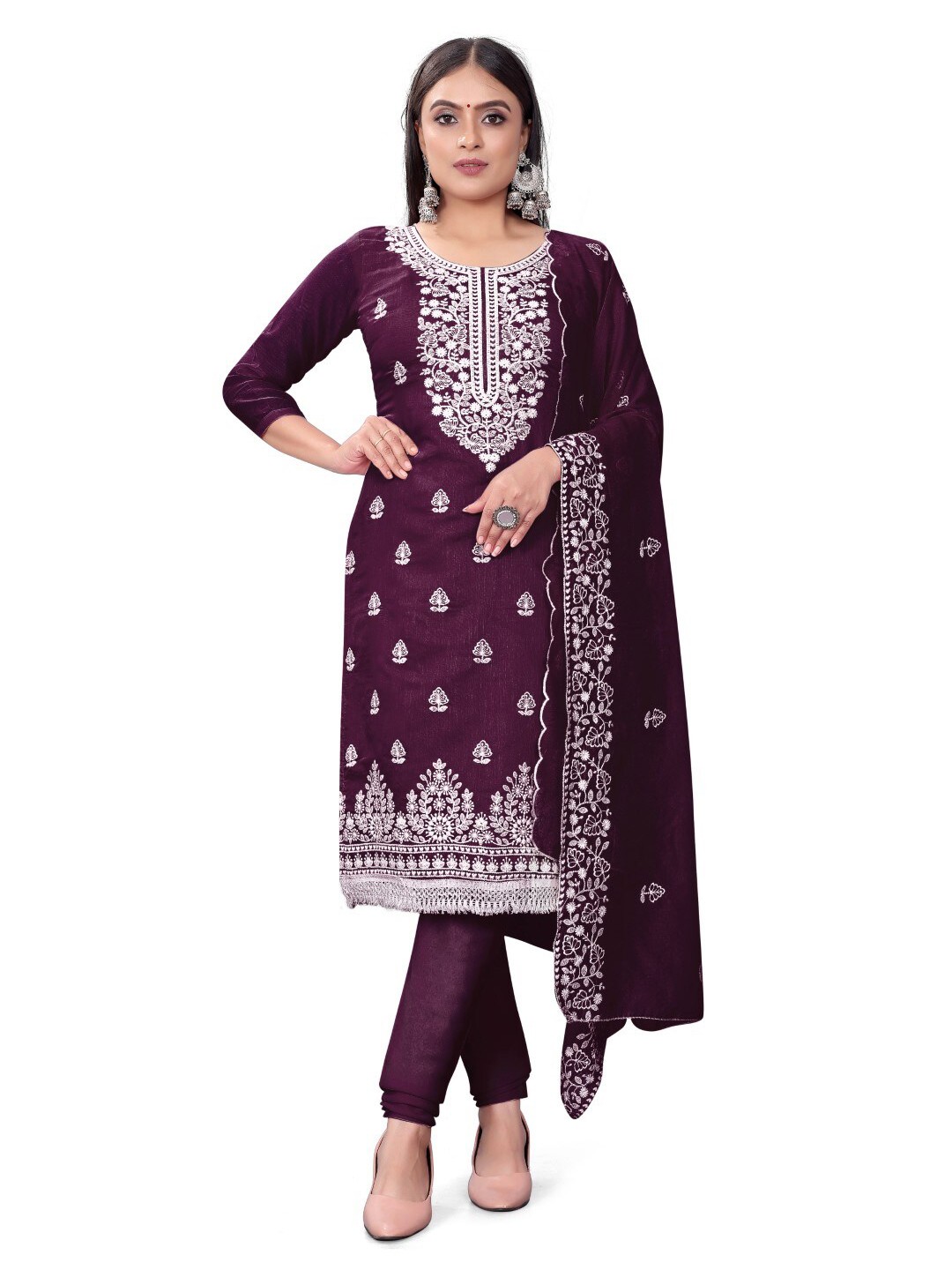 

ZEEPKART Ethnic Motifs Embroidered Unstitched Dress Material, Purple
