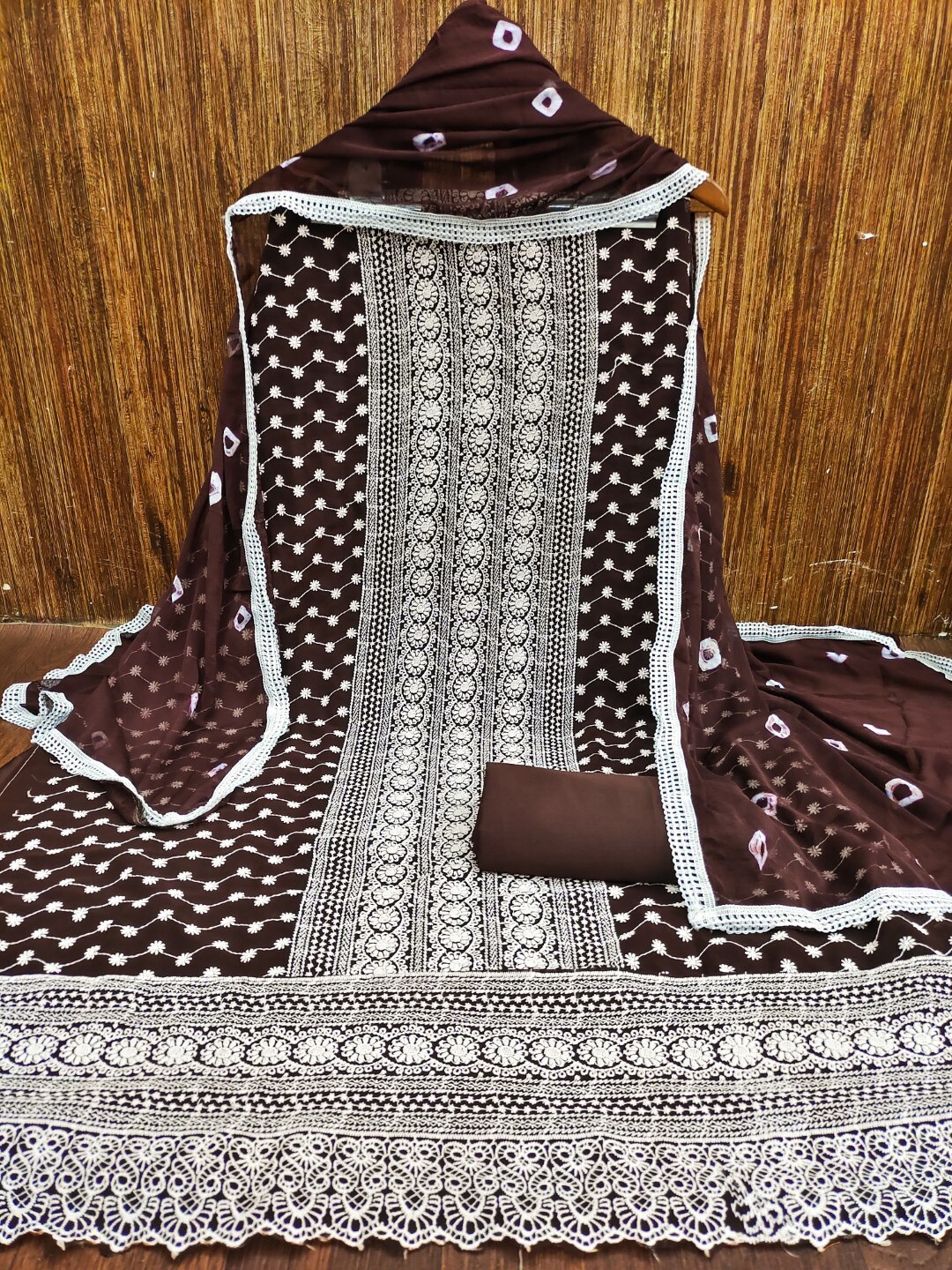 

ZEEPKART Ethnic Motifs Embroidered Thread Work Unstitched Dress Material, Brown
