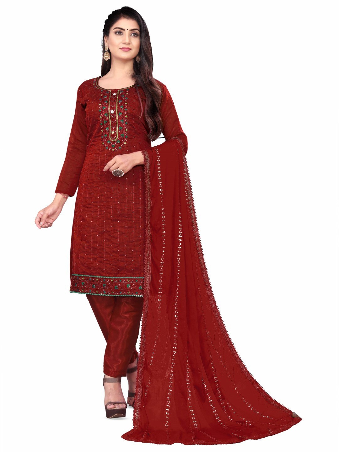 

ZEEPKART Floral Embroidered Sequined Unstitched Dress Material, Maroon