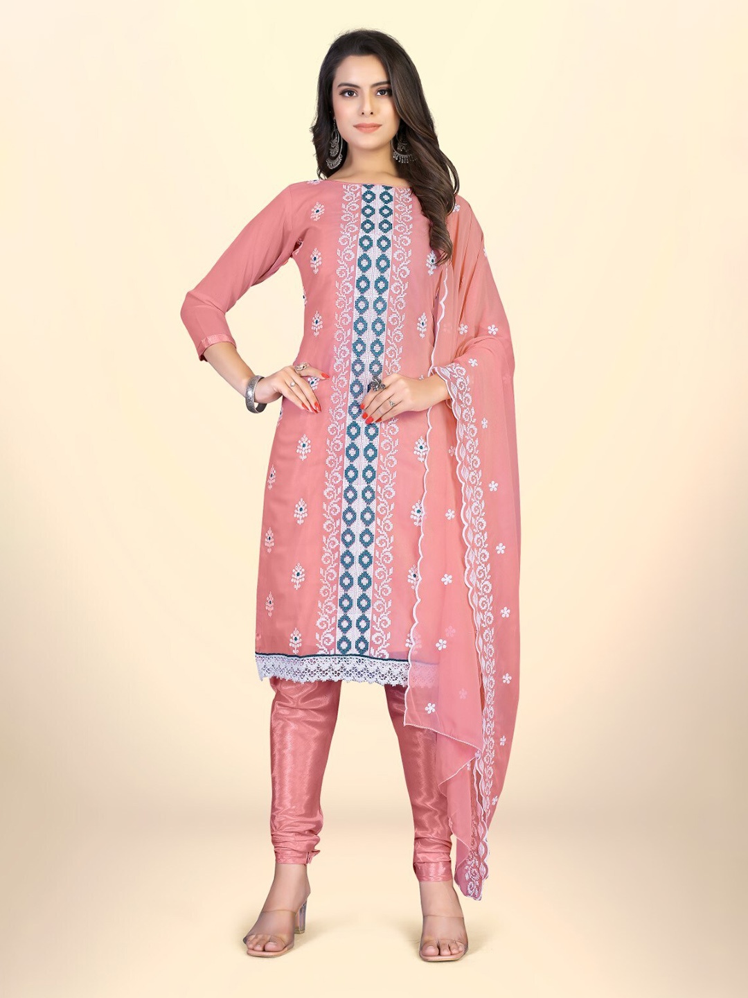 

ZEEPKART Ethnic Motifs Embroidered Unstitched Dress Material, Pink