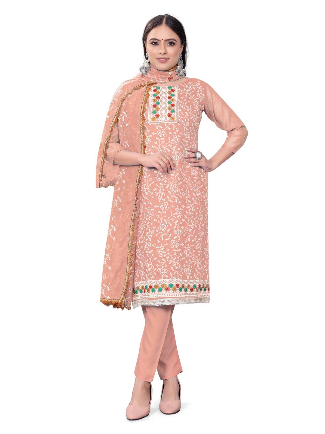 

ZEEPKART Embroidered Unstitched Dress Material, Peach