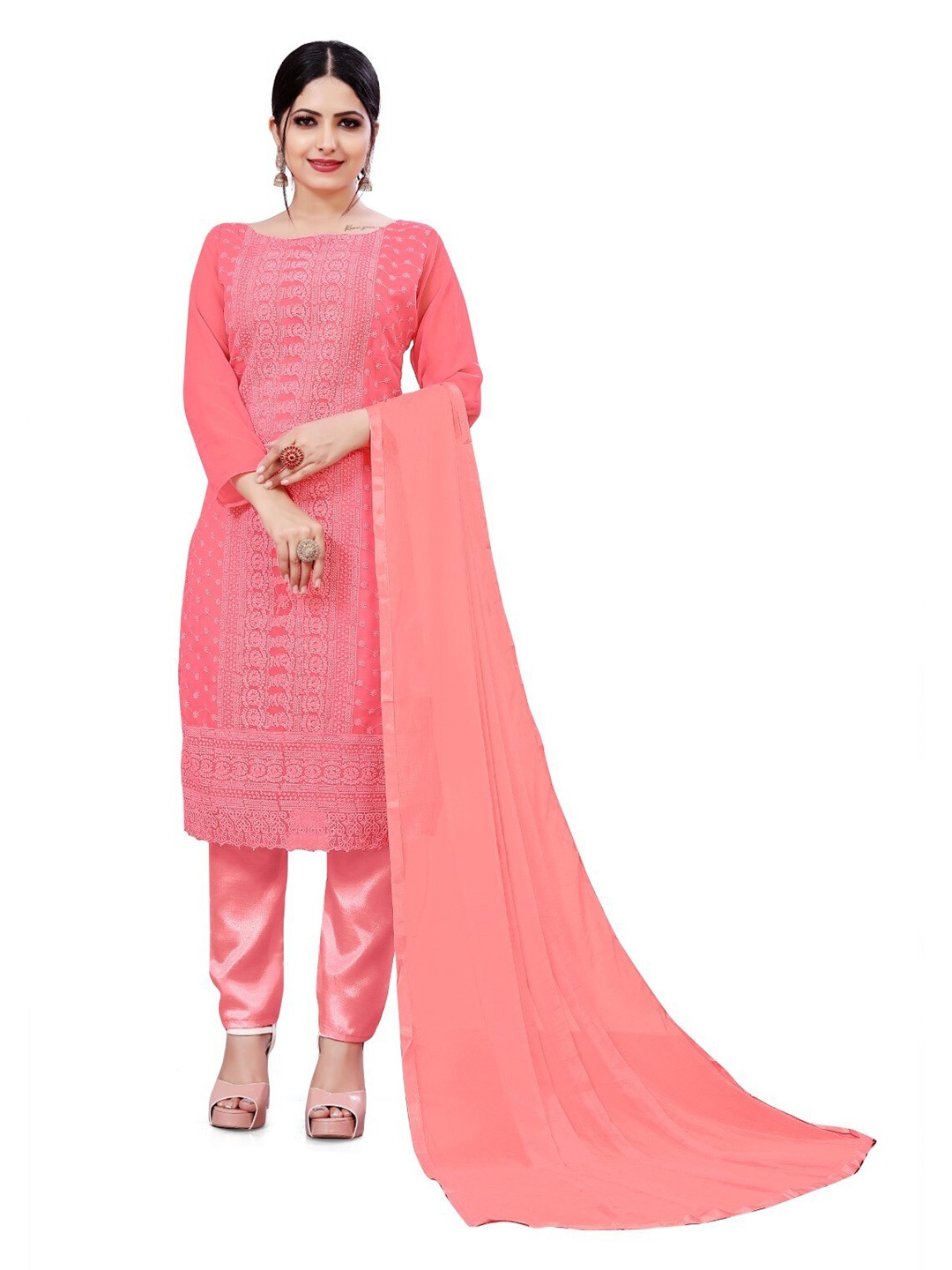 

ZEEPKART Floral Embroidered Dress Material, Pink