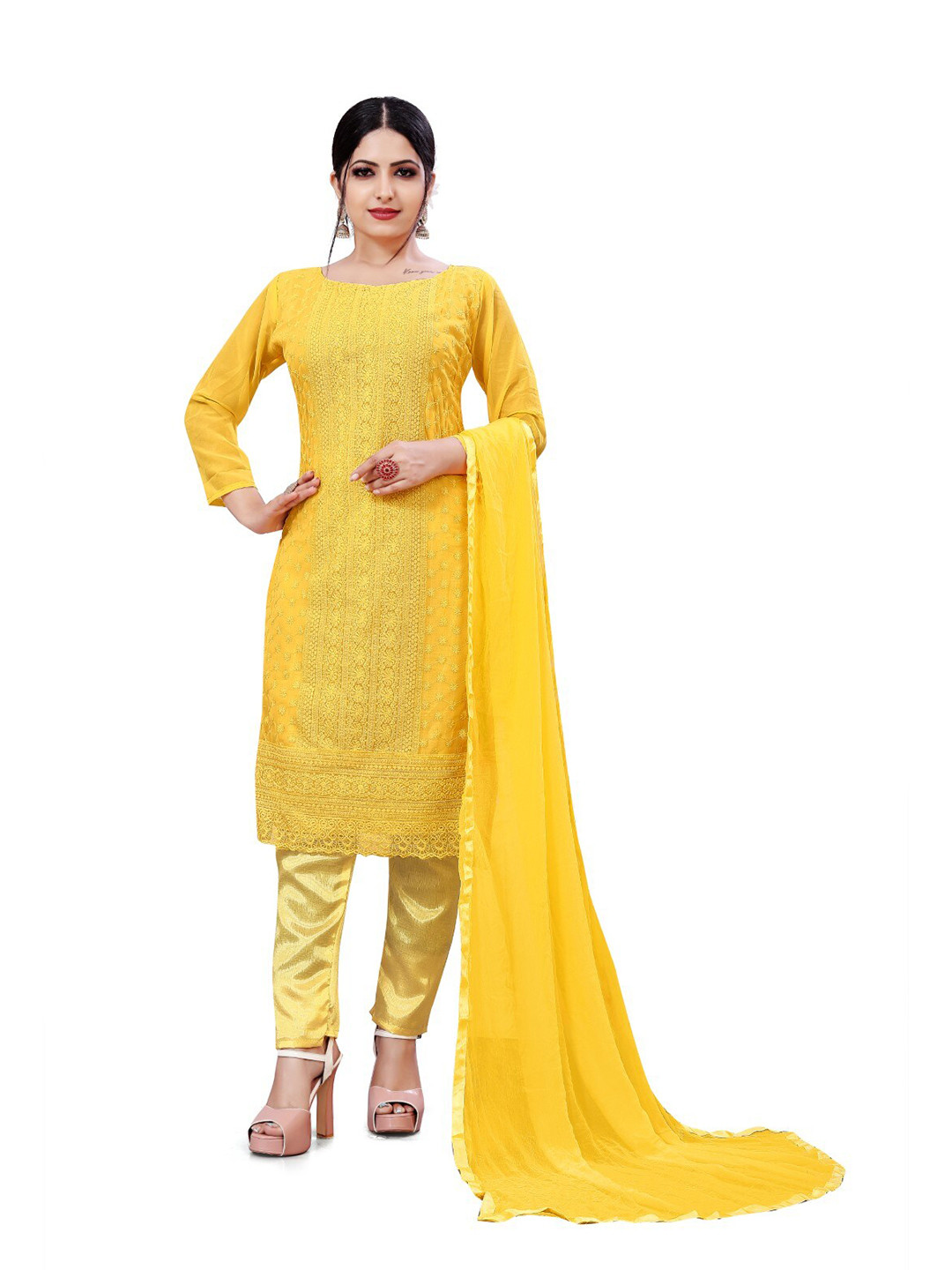 

ZEEPKART Floral Embroidered Unstitched Dress Material, Yellow