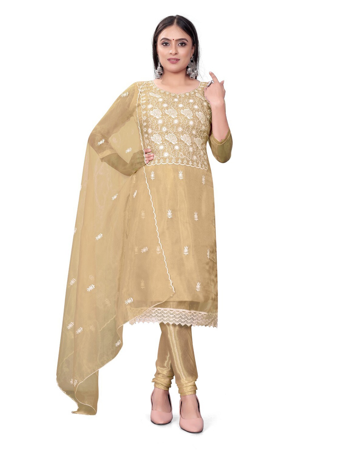 

ZEEPKART Floral Embroidered Unstitched Dress Material, Brown